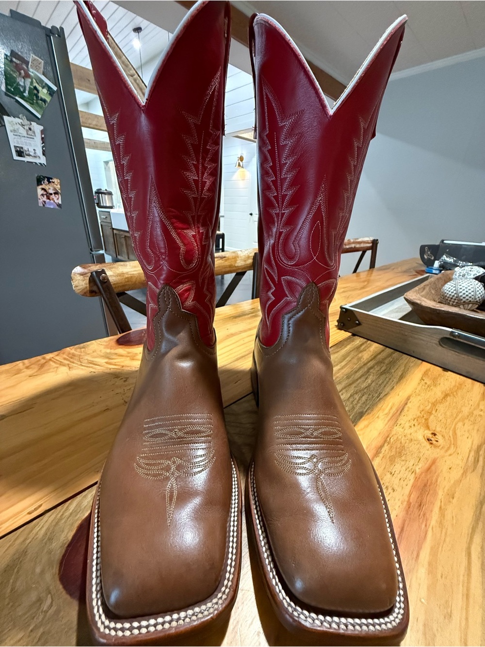 Anderson Bean Men’s Brown Leather Cowboy Boots with Red Shaft, 11 EE